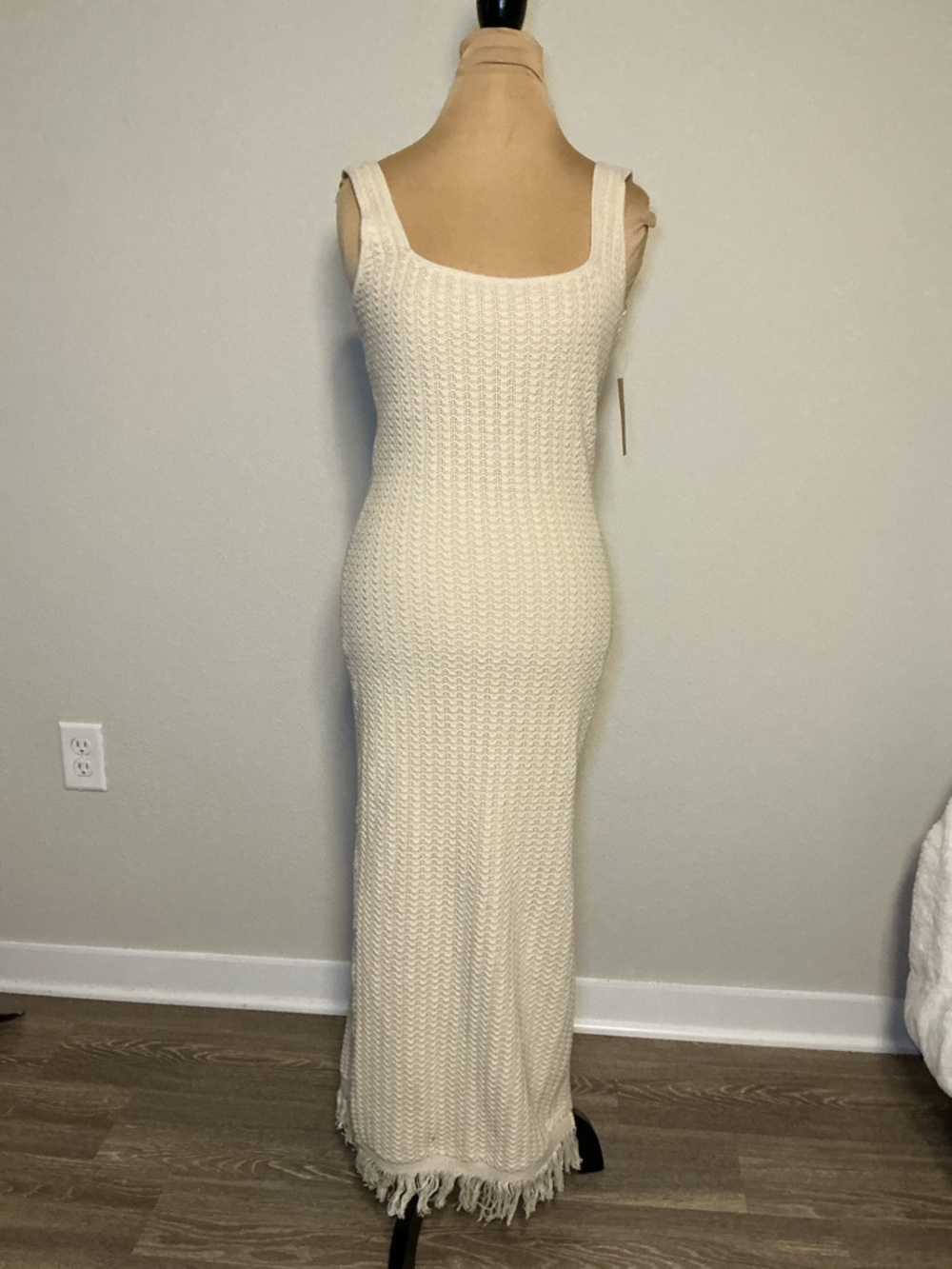 Cream Knit Maxi Dress with Fringe Hem